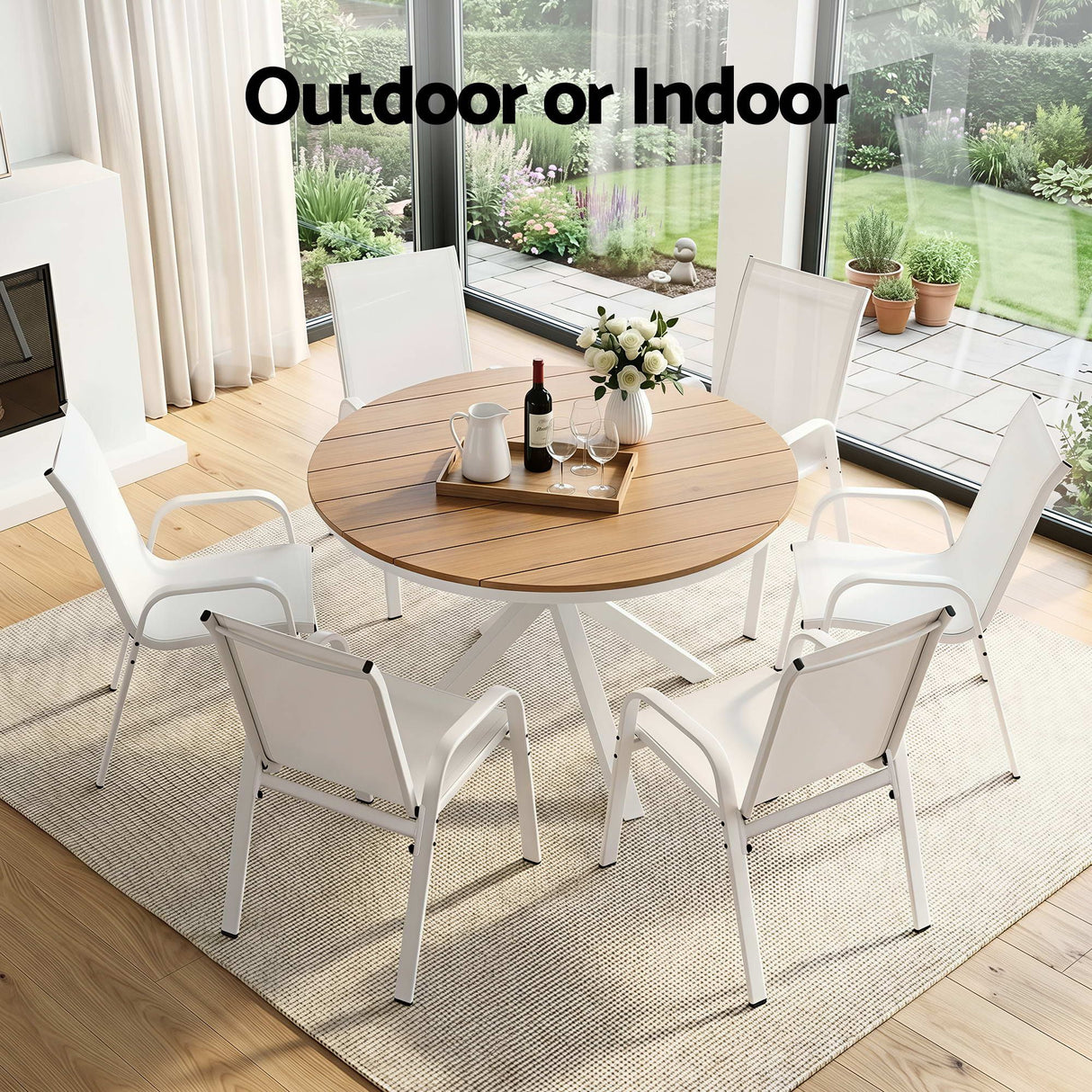 7 Piece Outdoor Dining Set, White, Textilene Stackable Chairs, view 7