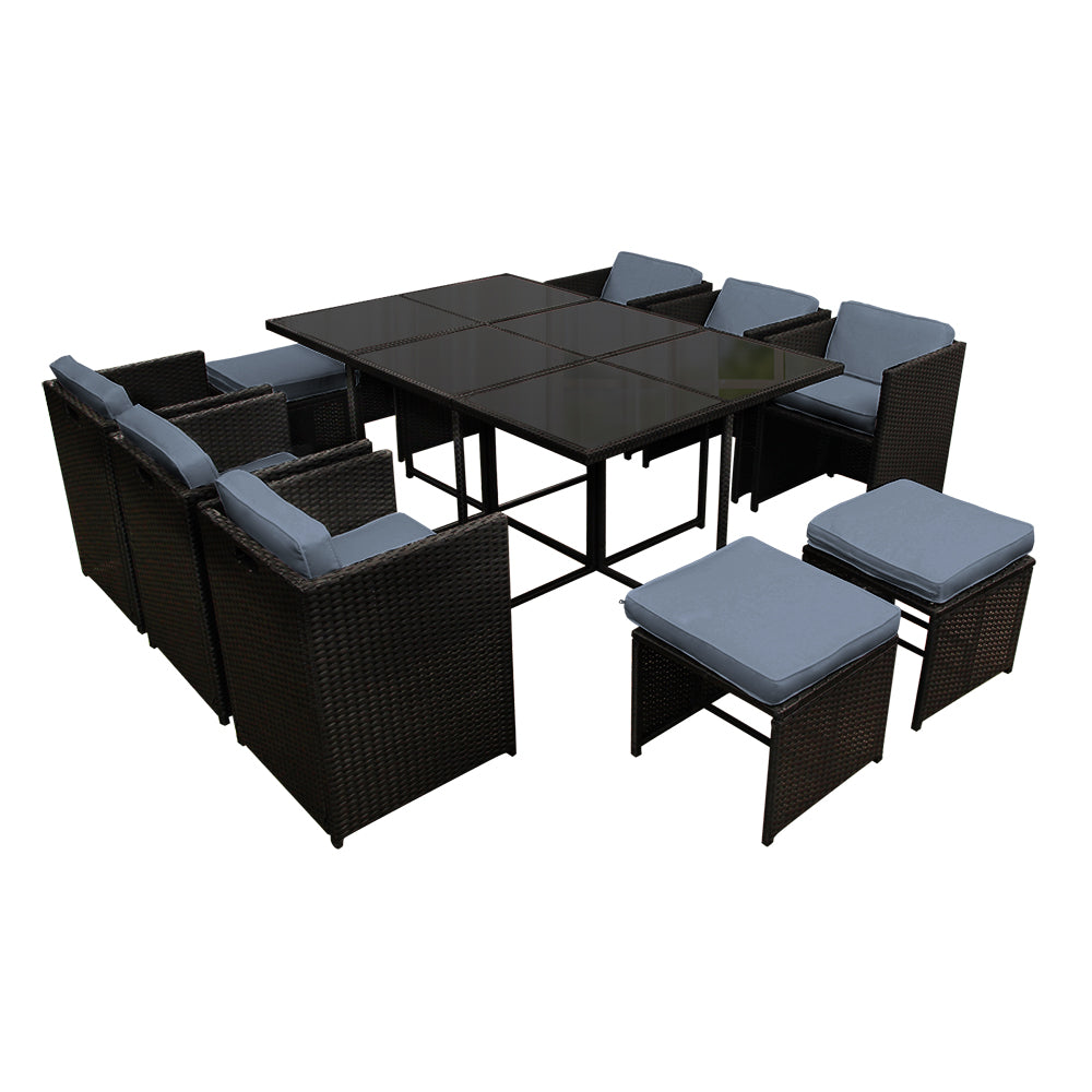 Outdoor Dining Set 11 Piece PE Wicker Table Chairs And Ottomans Black