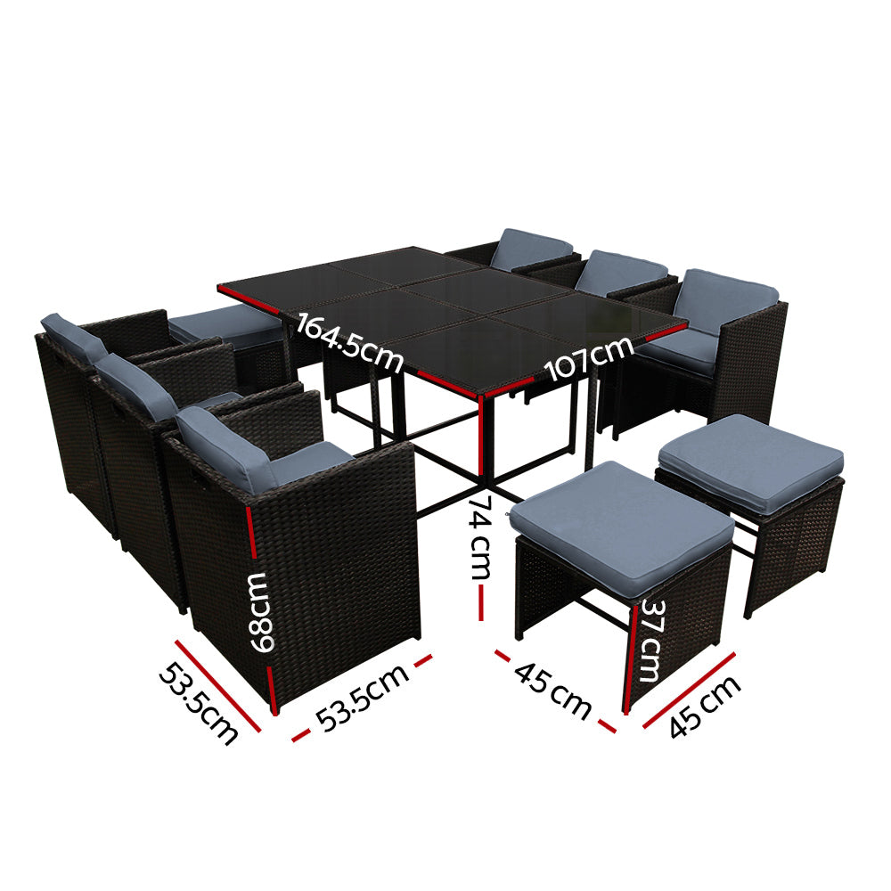 Outdoor Dining Set 11 Piece PE Wicker Table Chairs And Ottomans Black