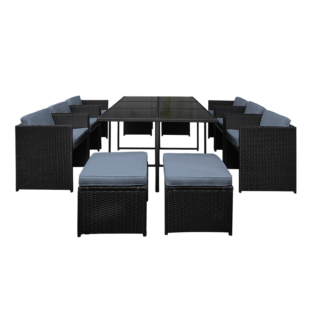 Outdoor Dining Set 11 Piece PE Wicker Table Chairs And Ottomans Black