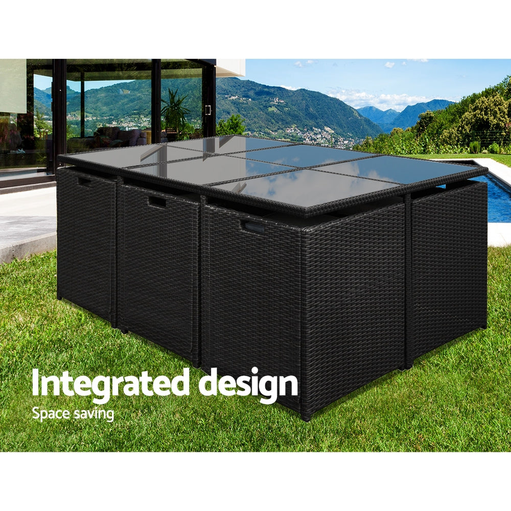 Outdoor Dining Set 11 Piece PE Wicker Table Chairs And Ottomans Black