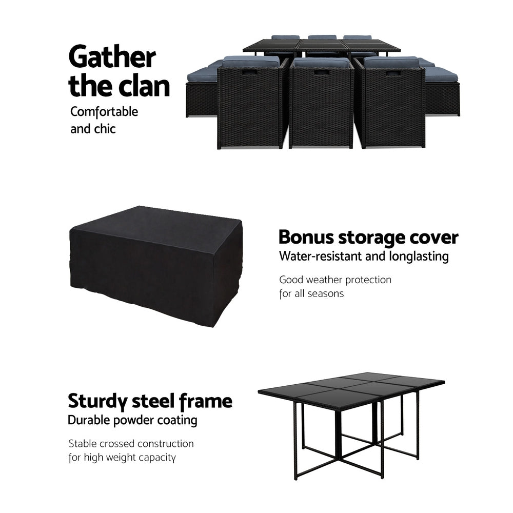 Outdoor Dining Set 11 Piece PE Wicker Table Chairs And Ottomans Black