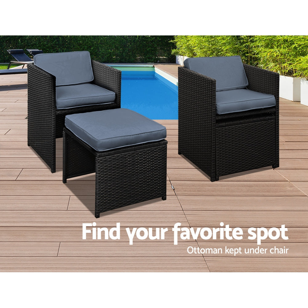 Outdoor Dining Set 11 Piece PE Wicker Table Chairs And Ottomans Black
