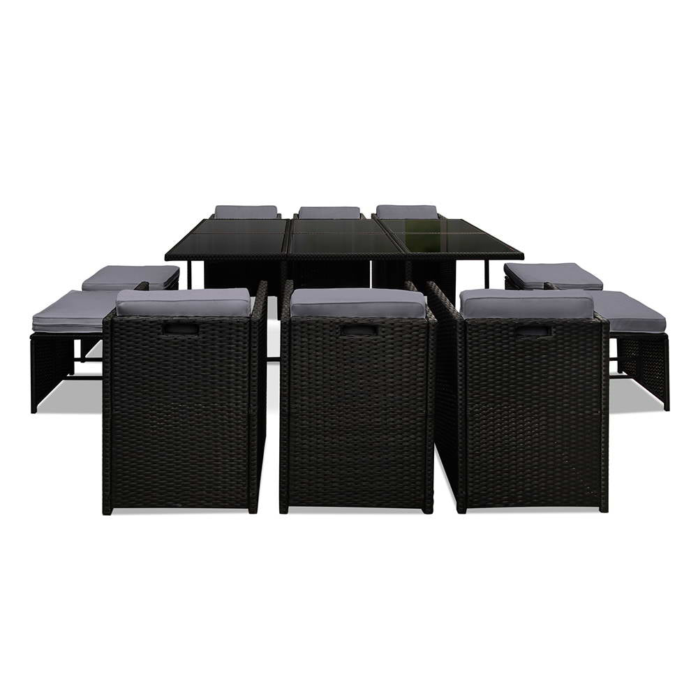 Outdoor Dining Set 11 Piece PE Wicker Table Chairs And Ottomans Black