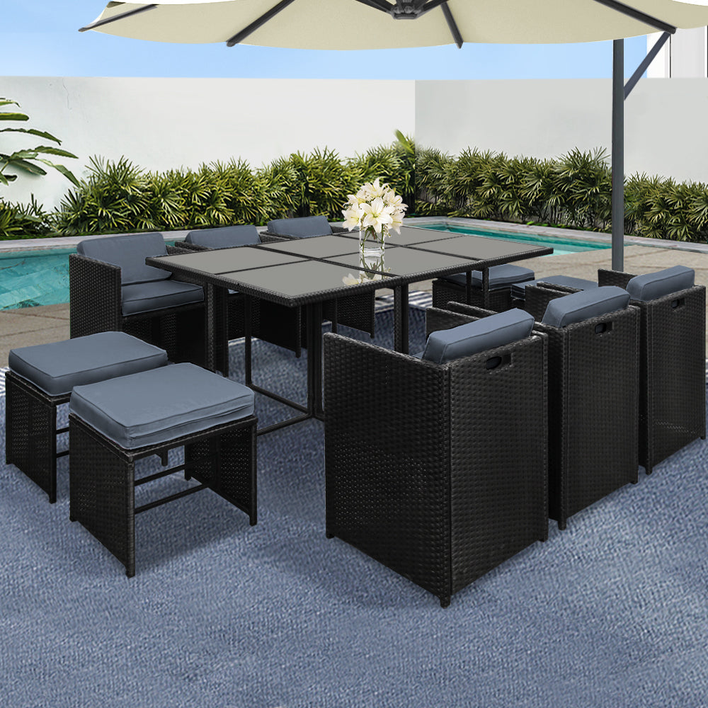 Outdoor Dining Set 11 Piece PE Wicker Table Chairs And Ottomans Black
