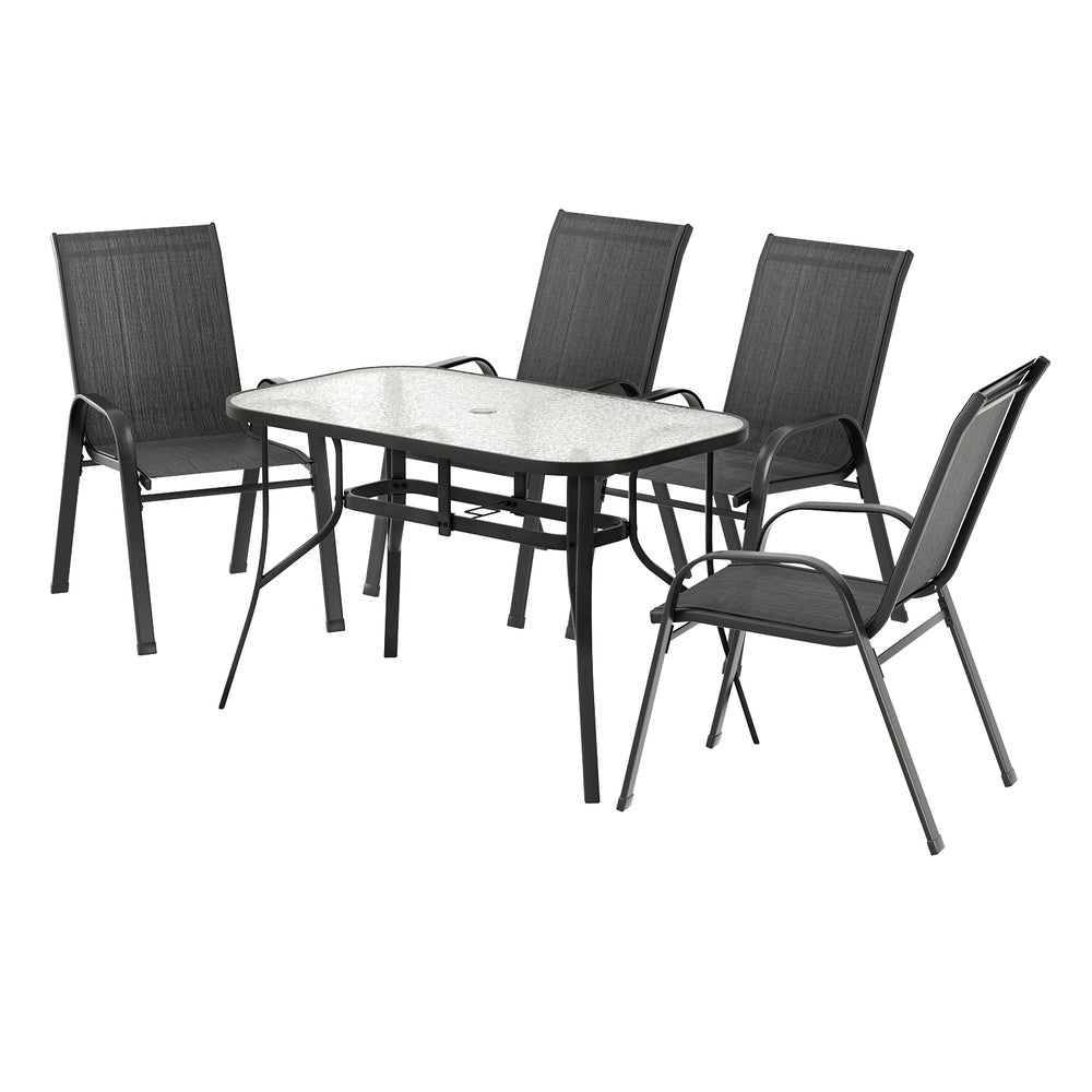Five piece outdoor dining set with 120cm glass table and four black Textilene chairs
