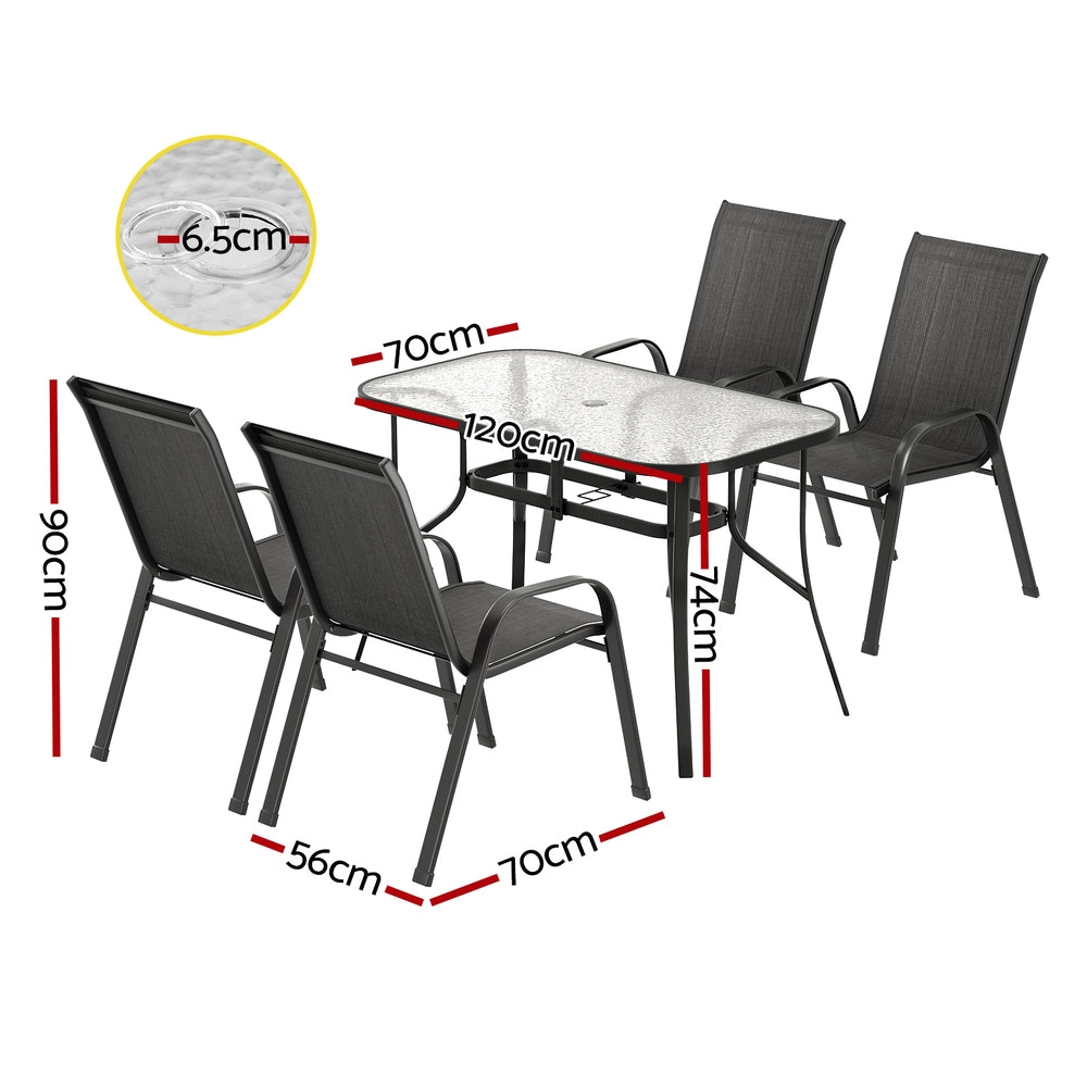 Five piece outdoor dining set with 120cm glass table and four black Textilene chairs
