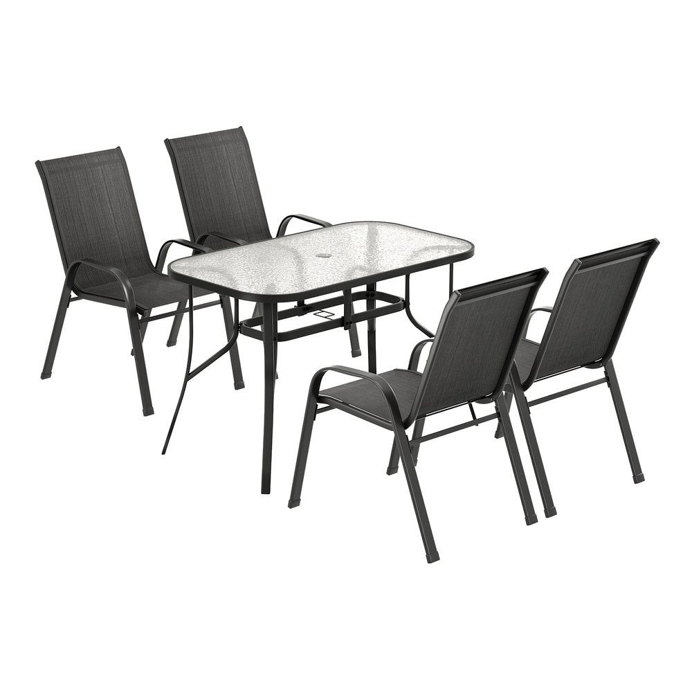 Five piece outdoor dining set with 120cm glass table and four black Textilene chairs