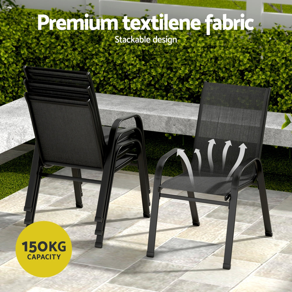 Five piece outdoor dining set with 120cm glass table and four black Textilene chairs
