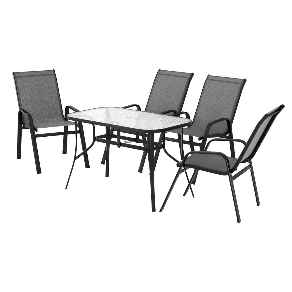 Five piece outdoor dining set with 120cm glass table and four grey Textilene chairs