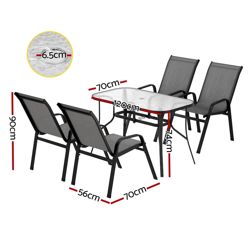 Five piece outdoor dining set with 120cm glass table and four grey Textilene chairs