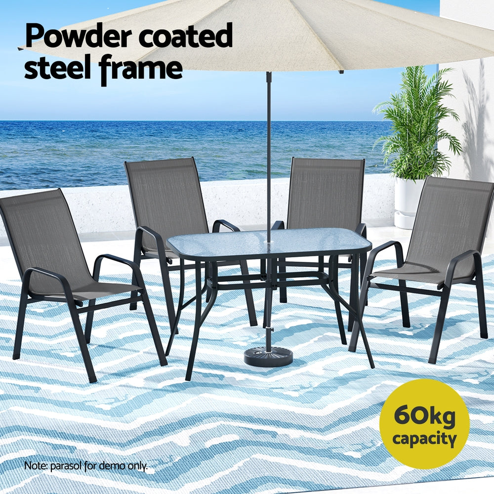 Five piece outdoor dining set with 120cm glass table and four grey Textilene chairs