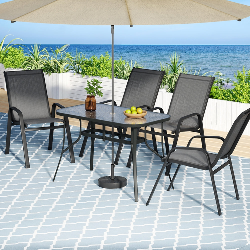 Five piece outdoor dining set with 120cm glass table and four grey Textilene chairs