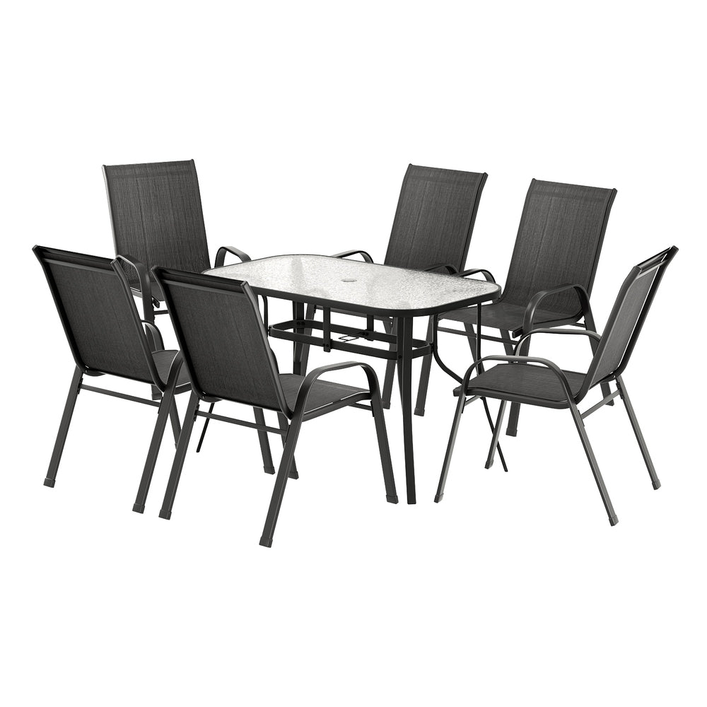 Seven piece outdoor dining set with glass table and six black Textilene chairs