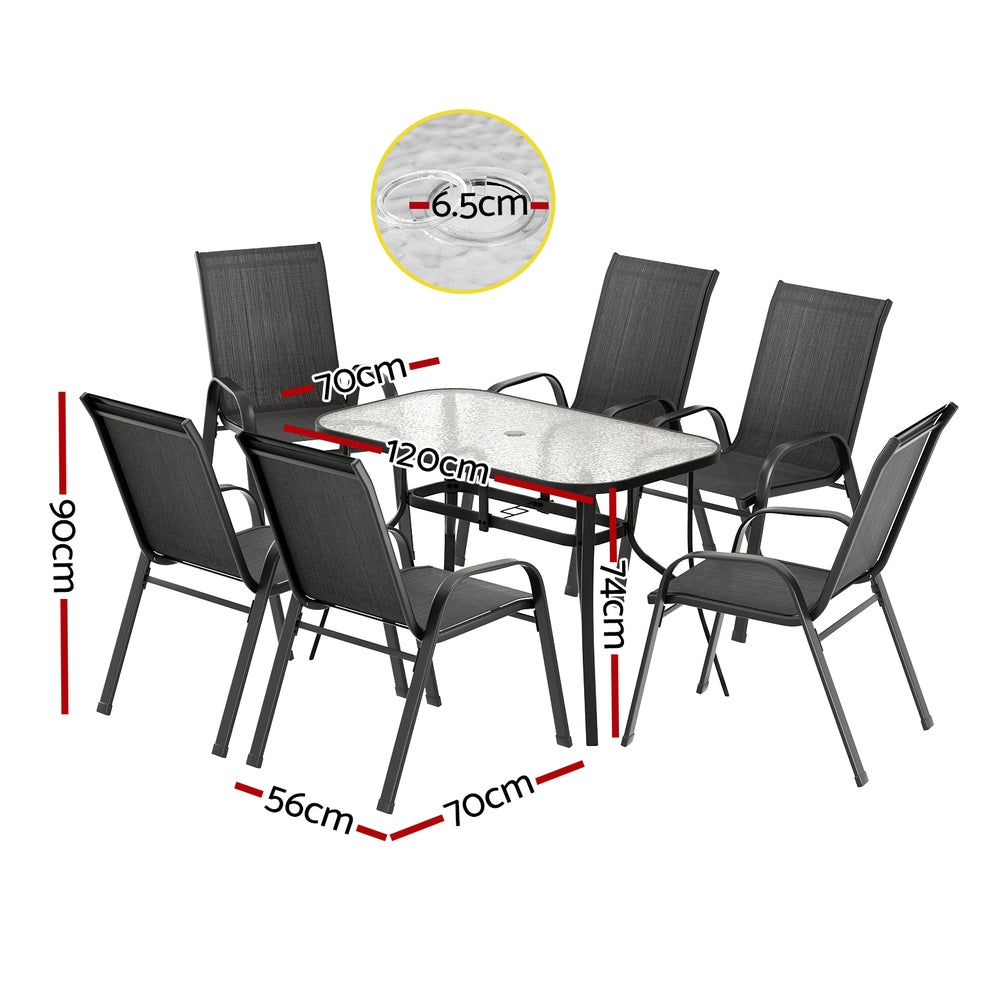 Seven piece outdoor dining set with glass table and six black Textilene chairs