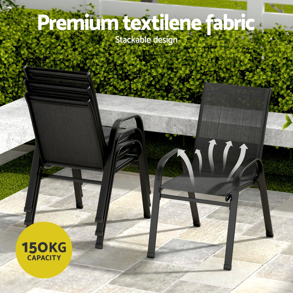 Seven piece outdoor dining set with glass table and six black Textilene chairs