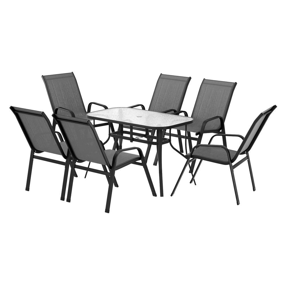 7 piece grey outdoor dining set with glass table and six stackable chairs