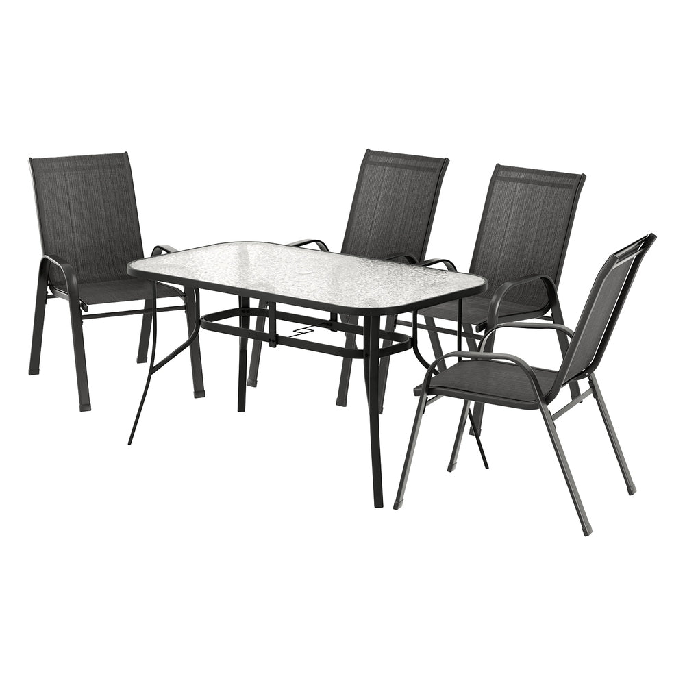 Five piece outdoor dining set with glass table and four black Textilene chairs