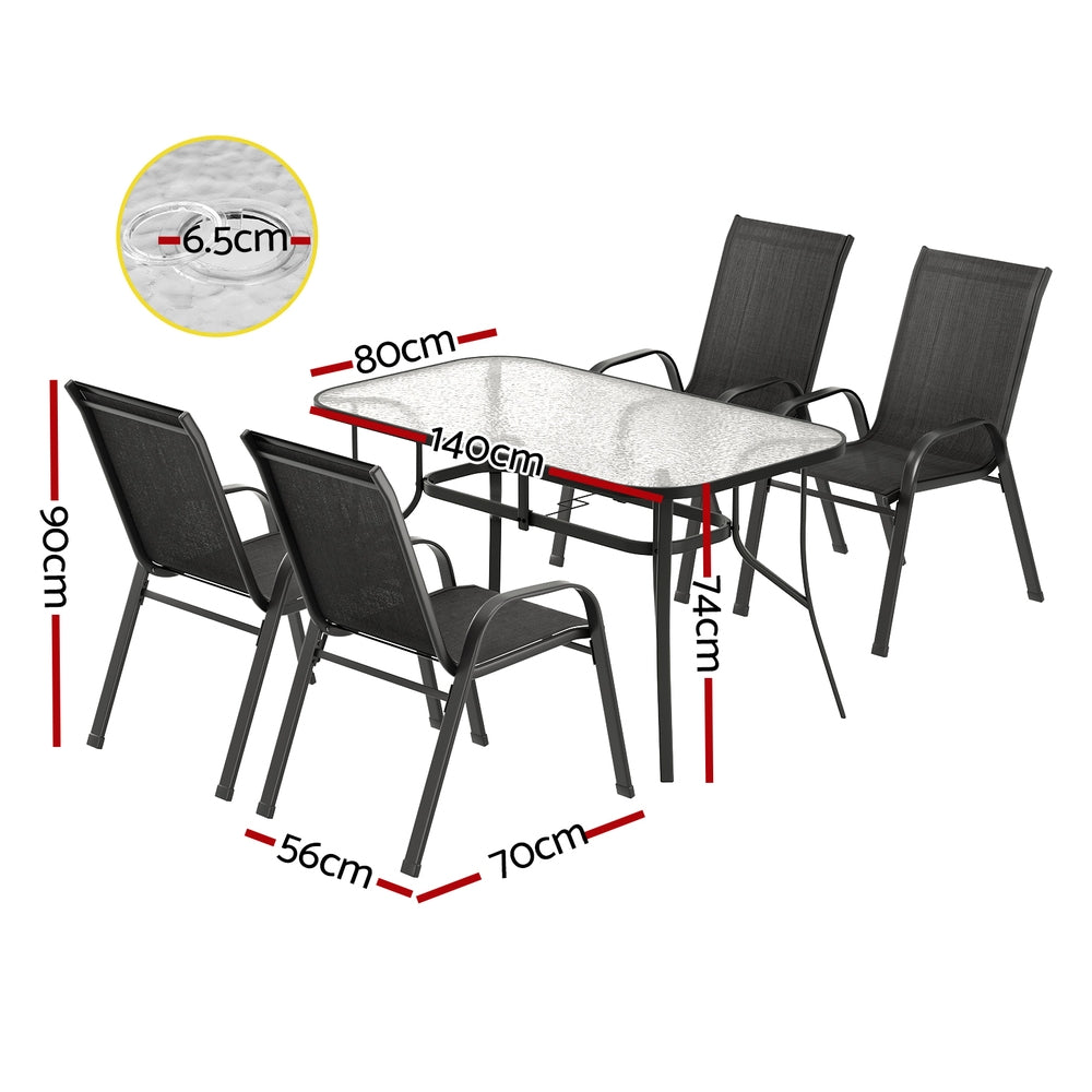 Five piece outdoor dining set with glass table and four black Textilene chairs