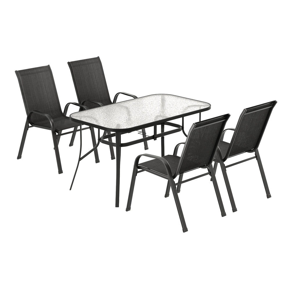 Five piece outdoor dining set with glass table and four black Textilene chairs