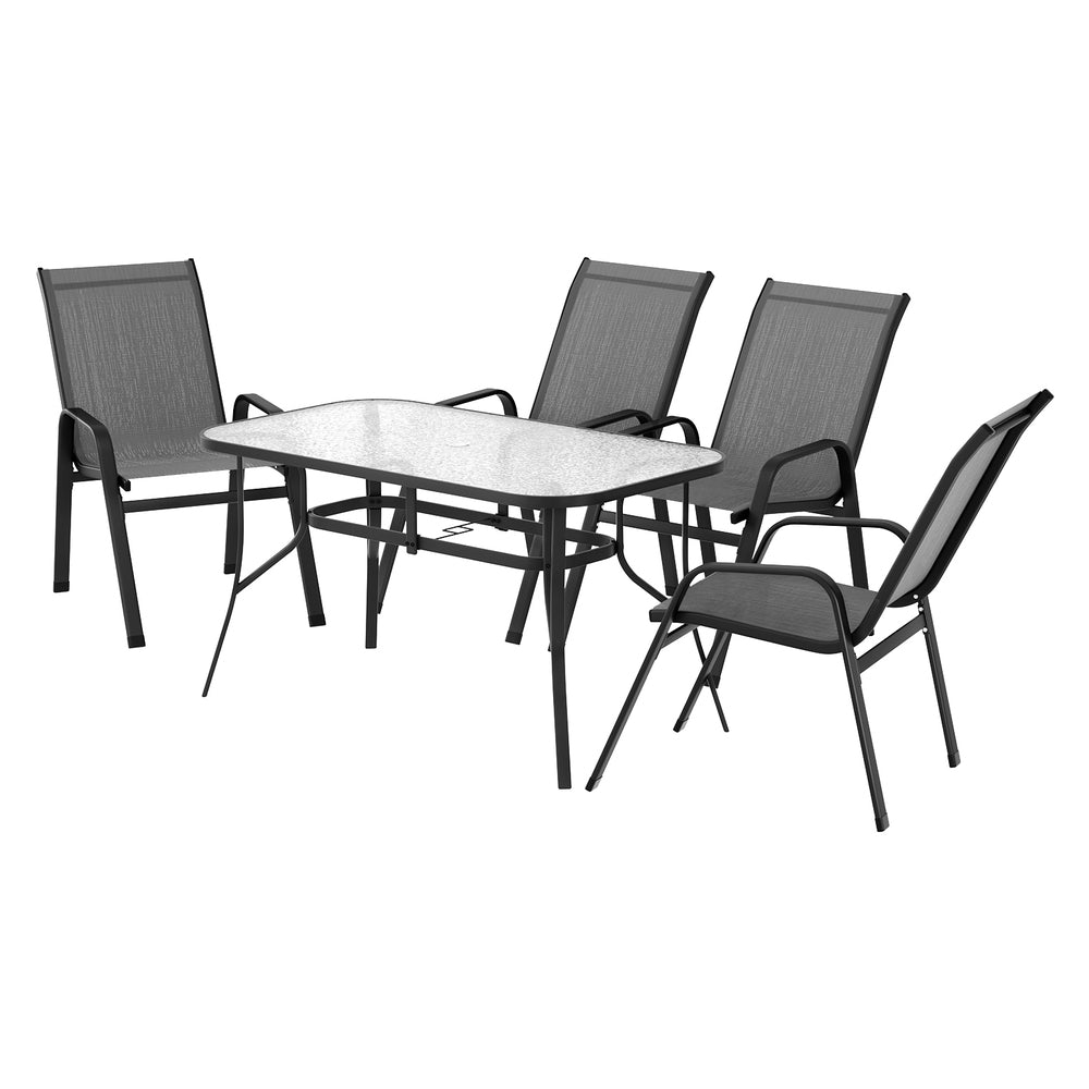 Five piece outdoor dining set with glass table and four grey Textilene chairs