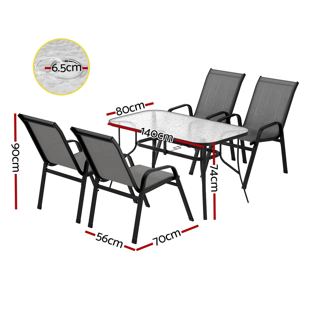 Five piece outdoor dining set with glass table and four grey Textilene chairs