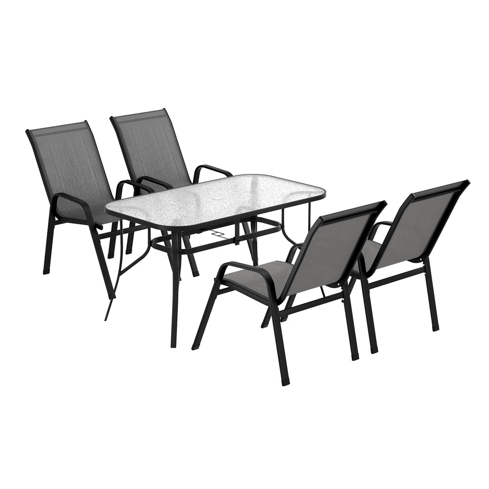 Five piece outdoor dining set with glass table and four grey Textilene chairs