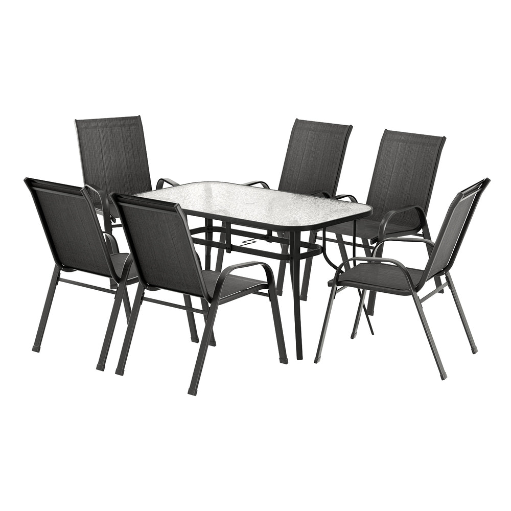 7 piece black outdoor dining set with glass table and six stackable chairs