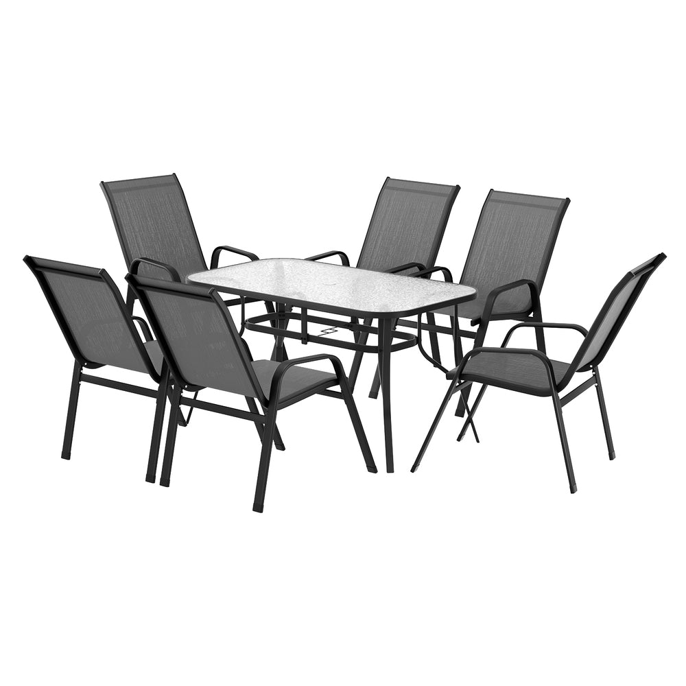 Seven piece outdoor dining set with glass table and six grey Textilene chairs