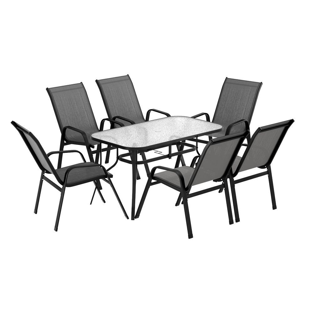 Seven piece outdoor dining set with glass table and six grey Textilene chairs