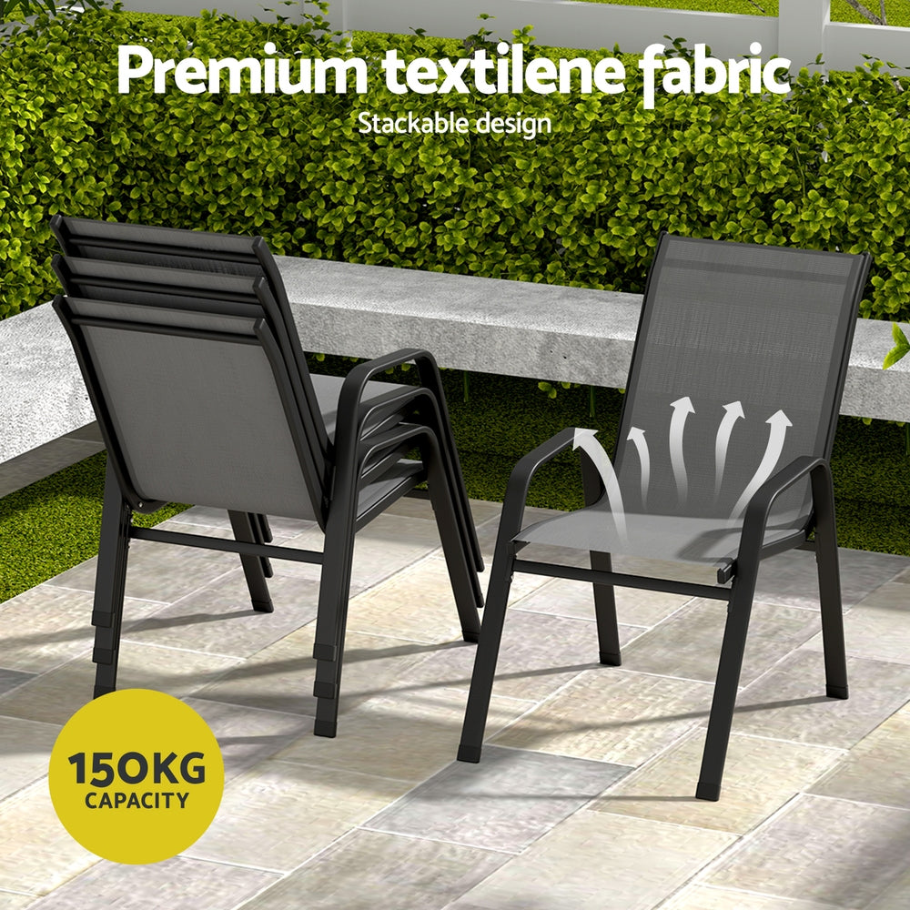 Seven piece outdoor dining set with glass table and six grey Textilene chairs
