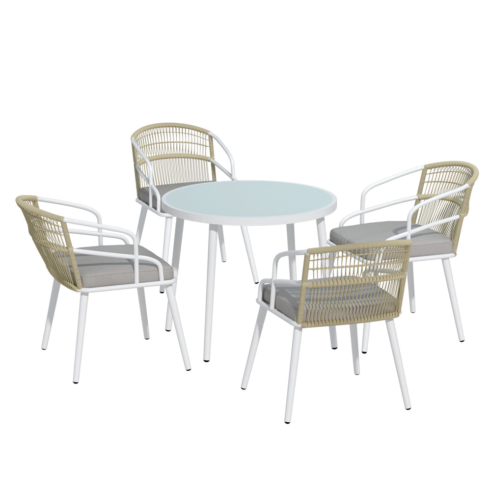 White five piece aluminium and rope outdoor dining set
