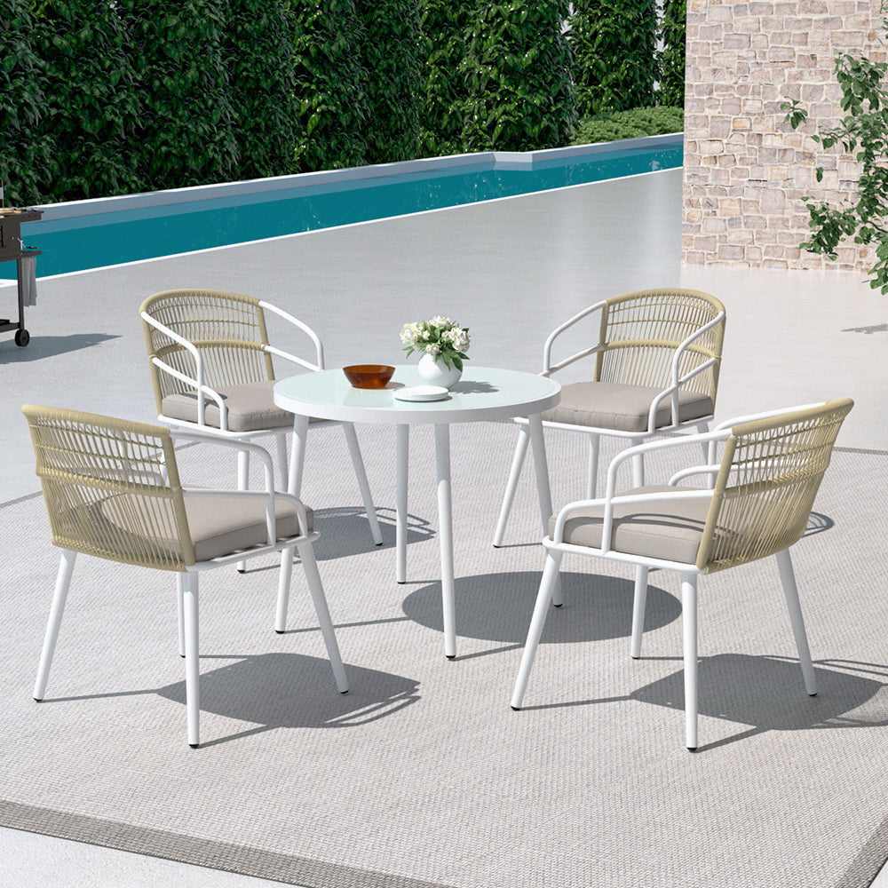 5 piece white aluminium and rope outdoor dining set with glass table and four chairs