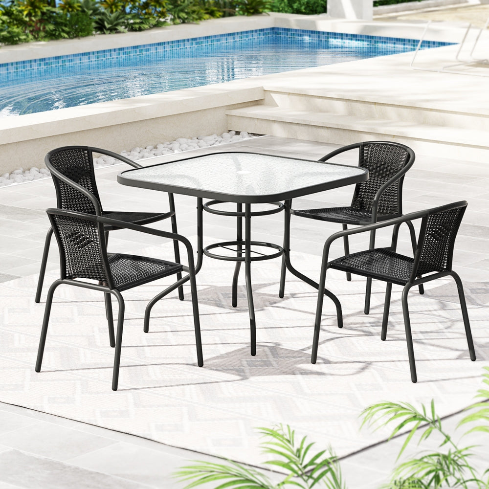 5 Piece Outdoor Dining Set Steel Frame Stackable Chairs and Table Black