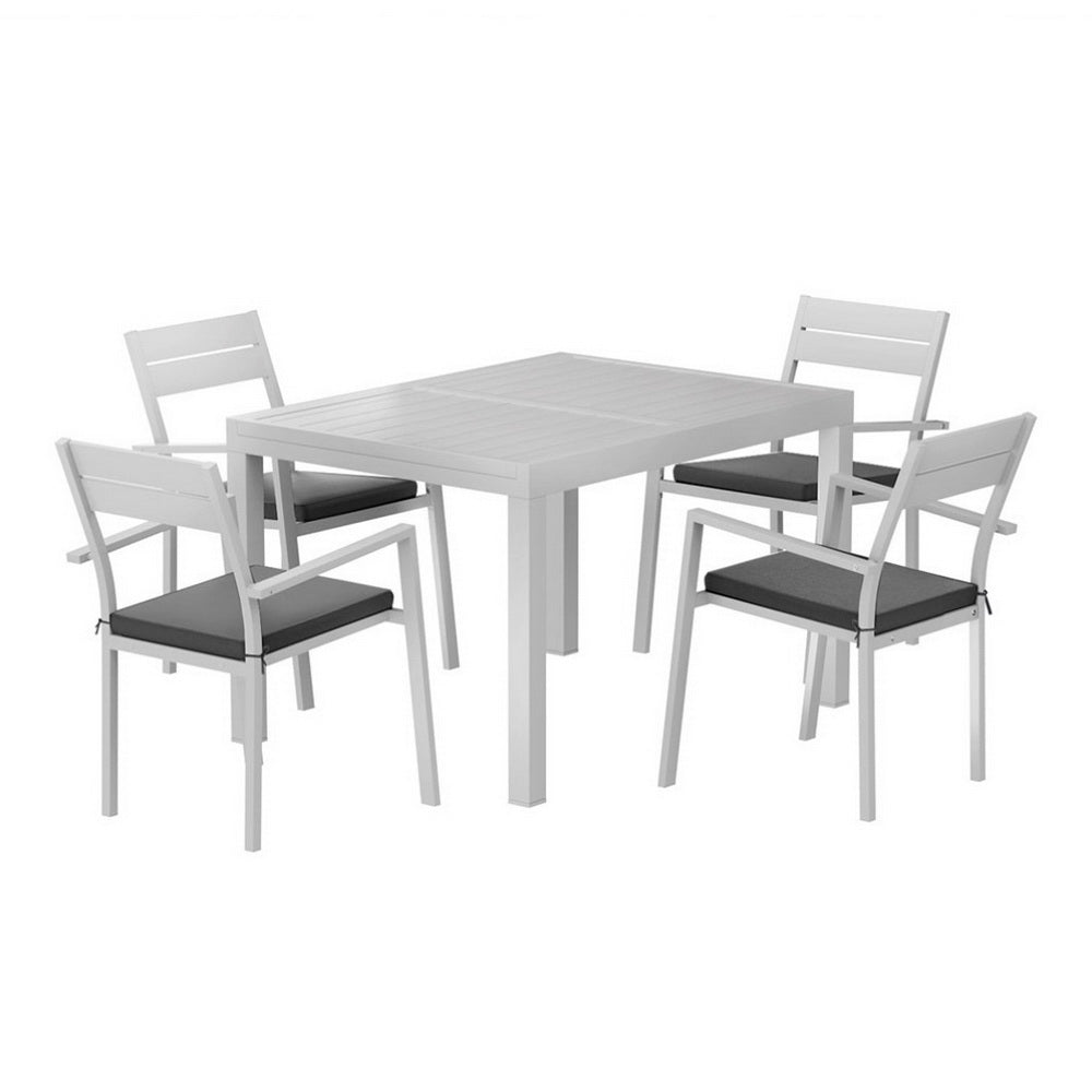 5 piece white aluminium extendable outdoor dining set with four chairs
