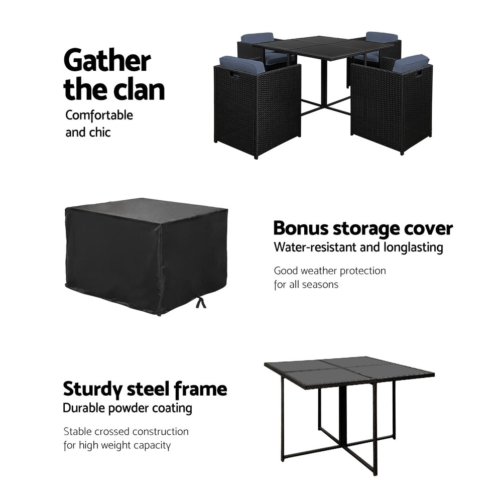 Outdoor Dining Set 5 Piece PE Wicker Table And Chairs Black