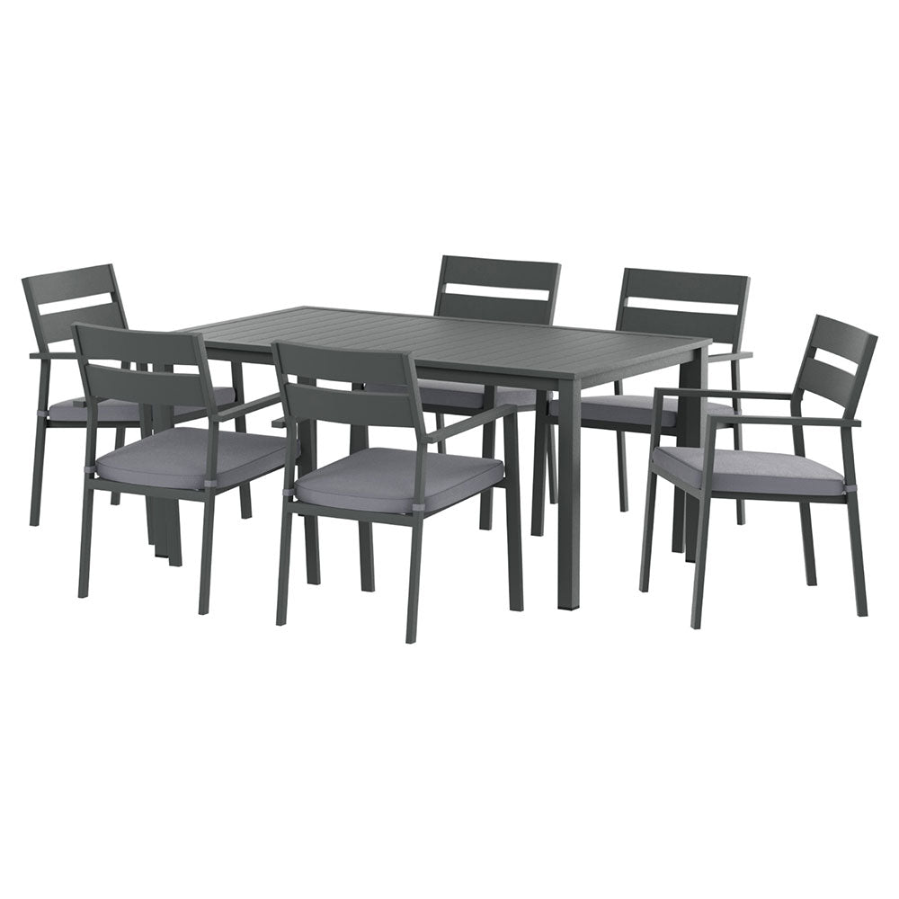7 piece black aluminium outdoor dining set seating six