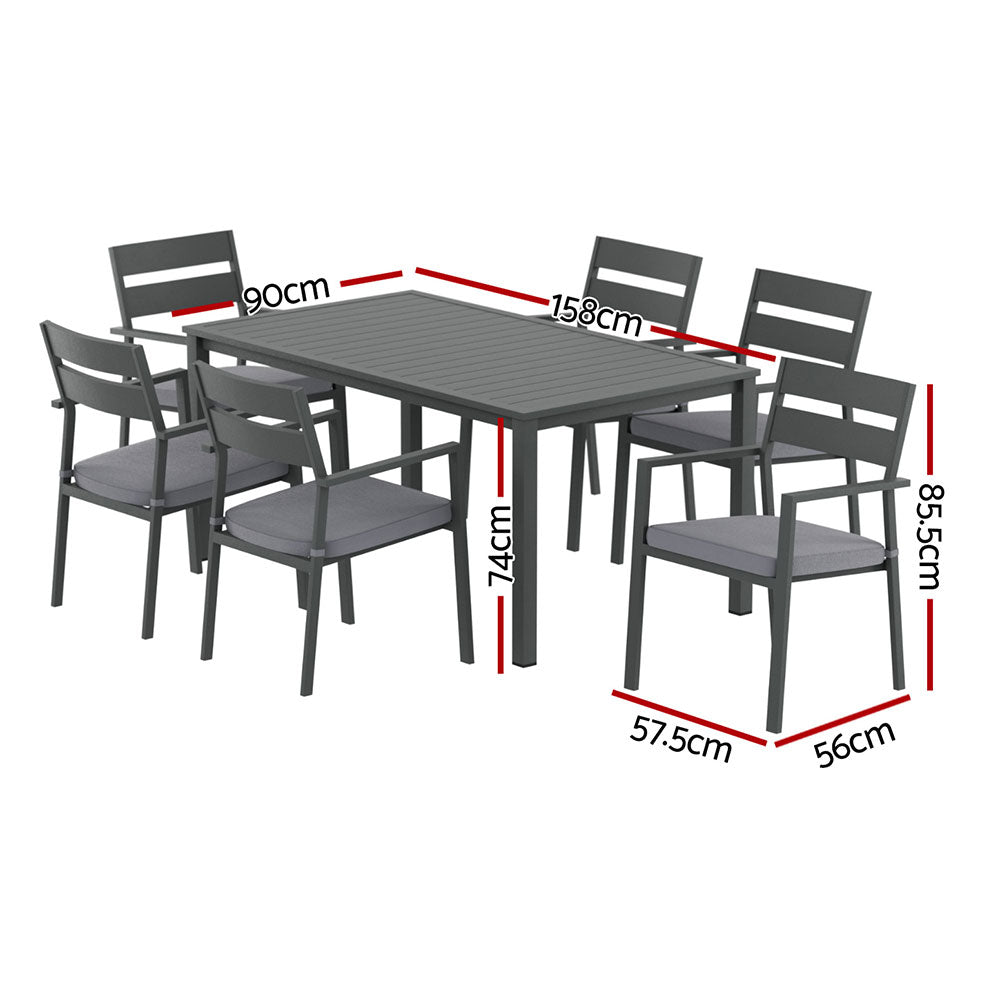 Black aluminium outdoor dining table with slatted top