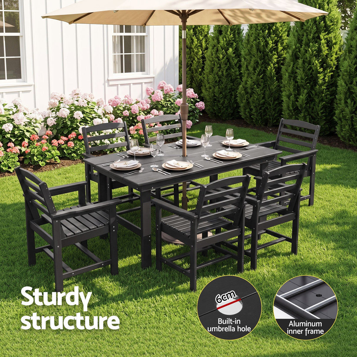 7 Piece HDPE Outdoor Dining Set in Black