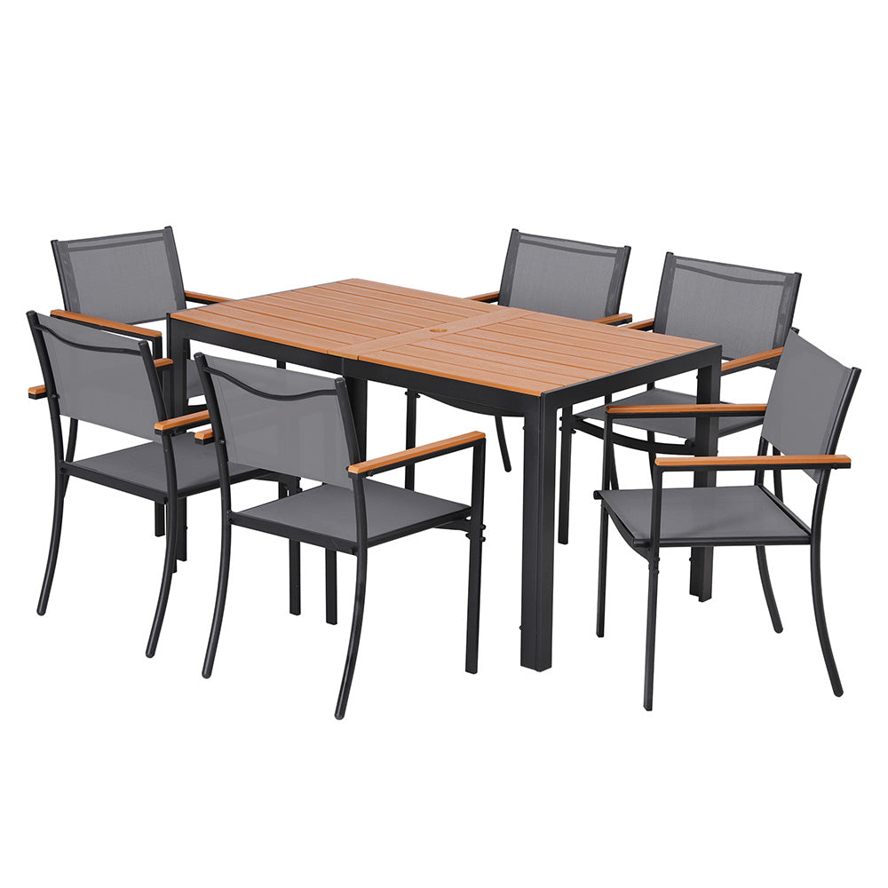 WPC slatted outdoor dining tabletop with umbrella hole
