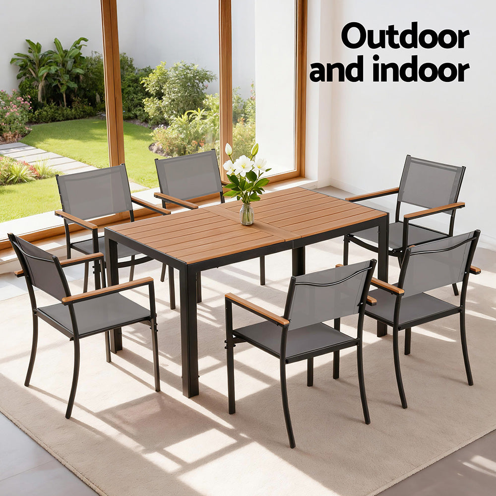 Black seven piece WPC and textilene outdoor dining set