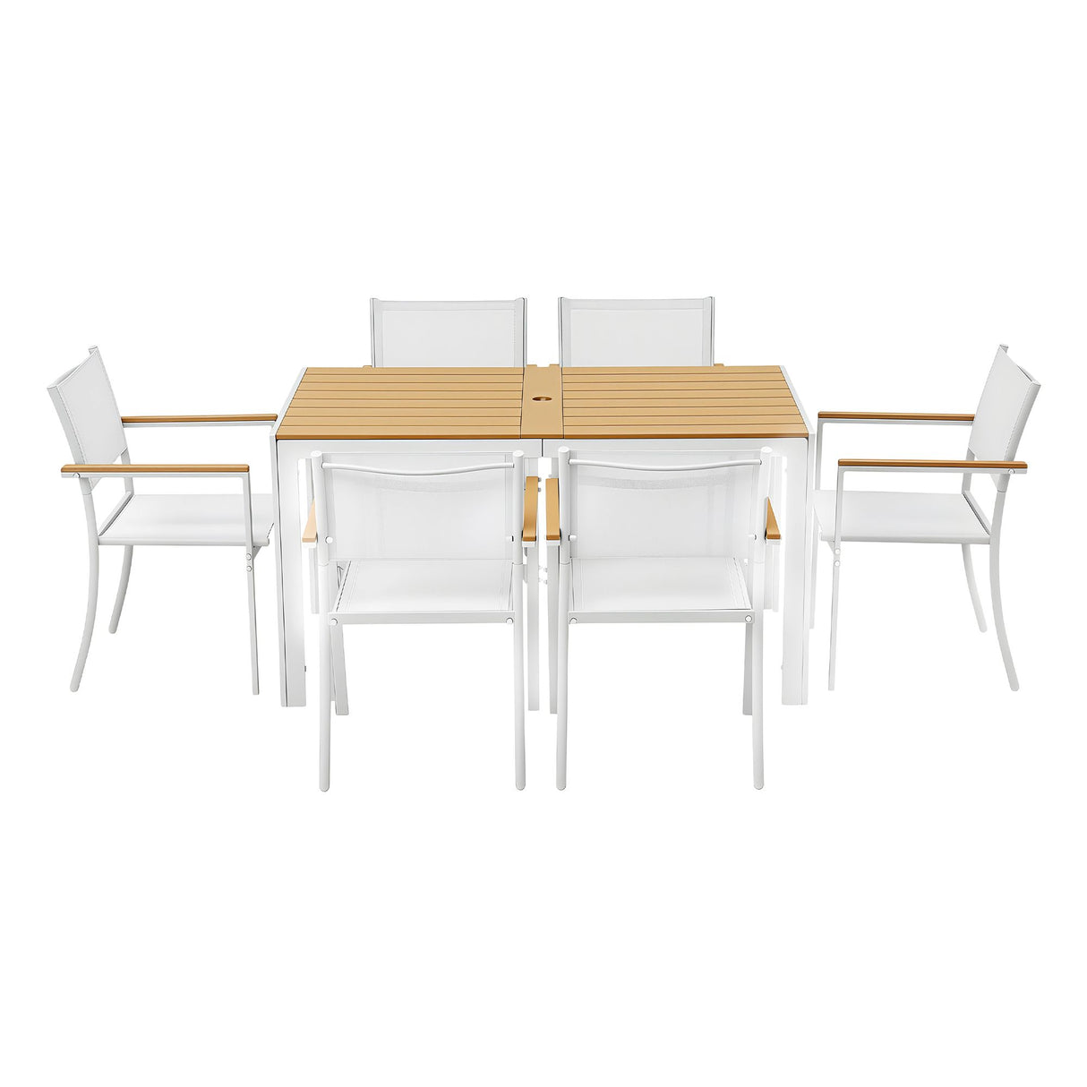 7 Piece Outdoor Dining Set, White, Slatted Table with Parasol Hole, view 3