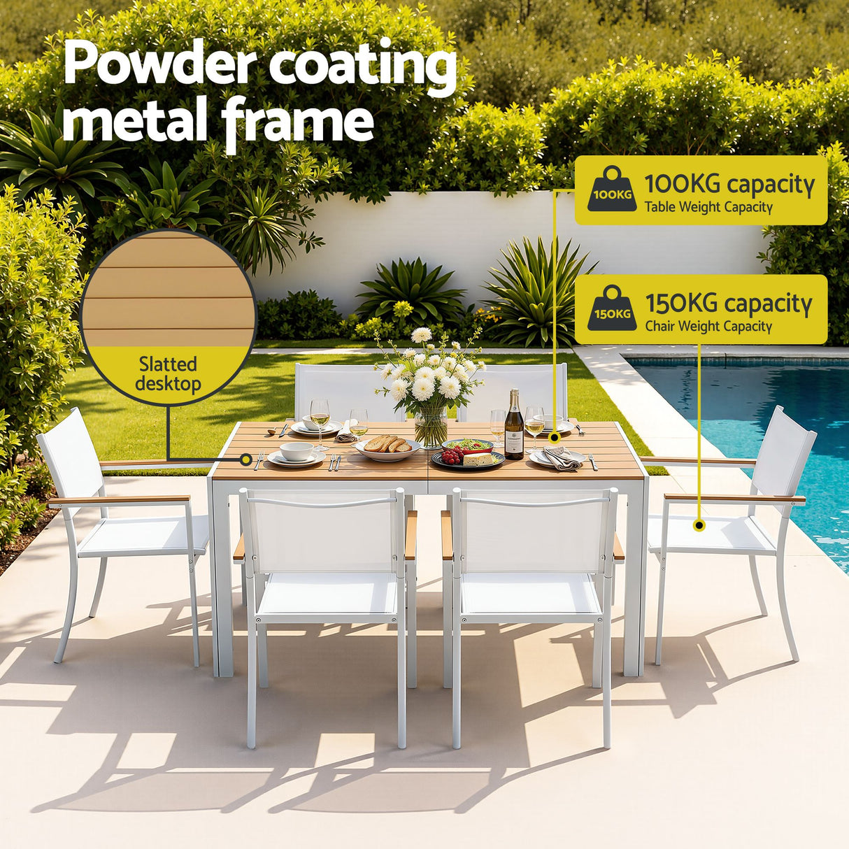 7 Piece Outdoor Dining Set, White, Slatted Table with Parasol Hole, view 4