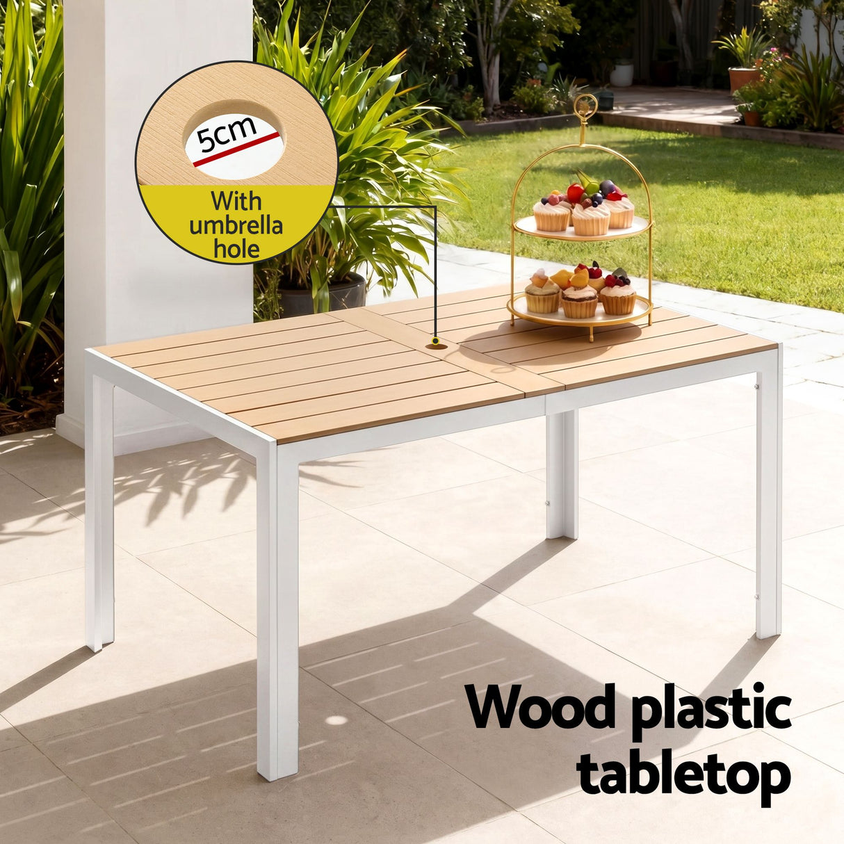 7 Piece Outdoor Dining Set, White, Slatted Table with Parasol Hole, view 6