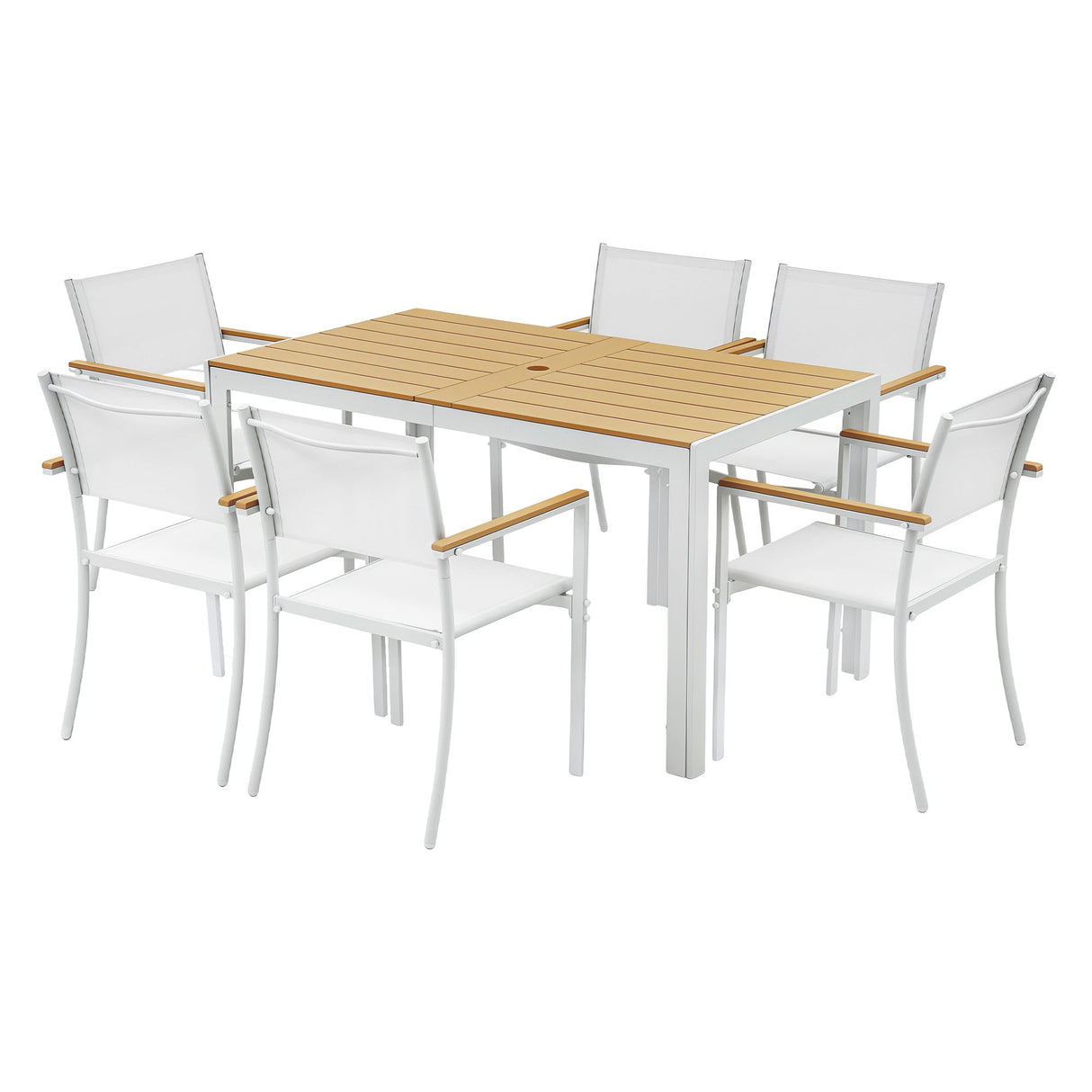 7 Piece Outdoor Dining Set, White, Slatted Table with Parasol Hole, view 8