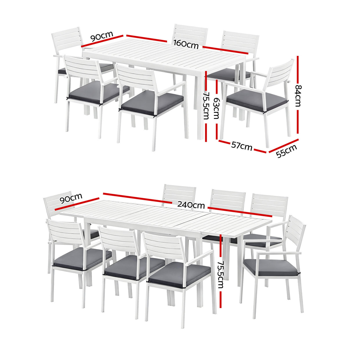 9 Piece Extendable Aluminium Outdoor Dining Set in White