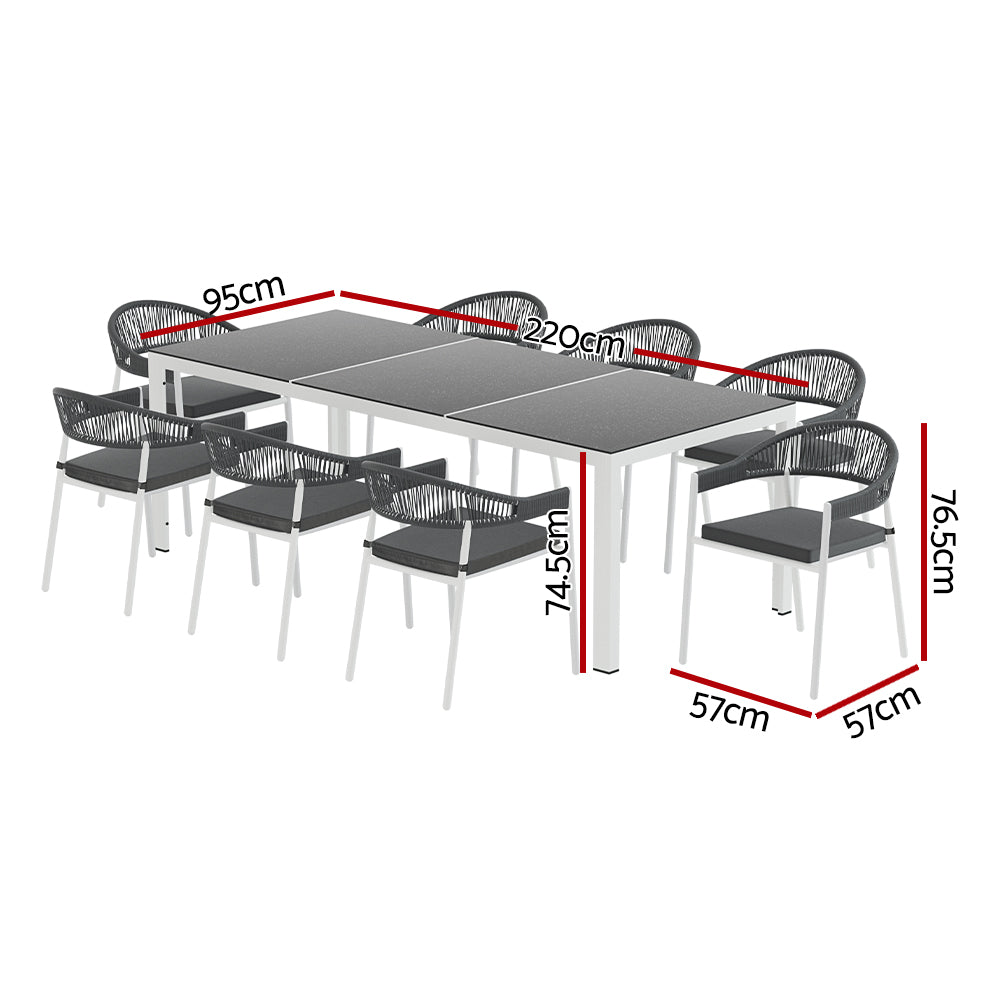 9 Piece Rope and Steel Outdoor Dining Set in White