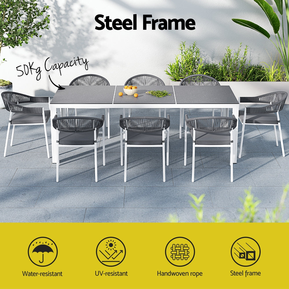 9 Piece Rope and Steel Outdoor Dining Set in White