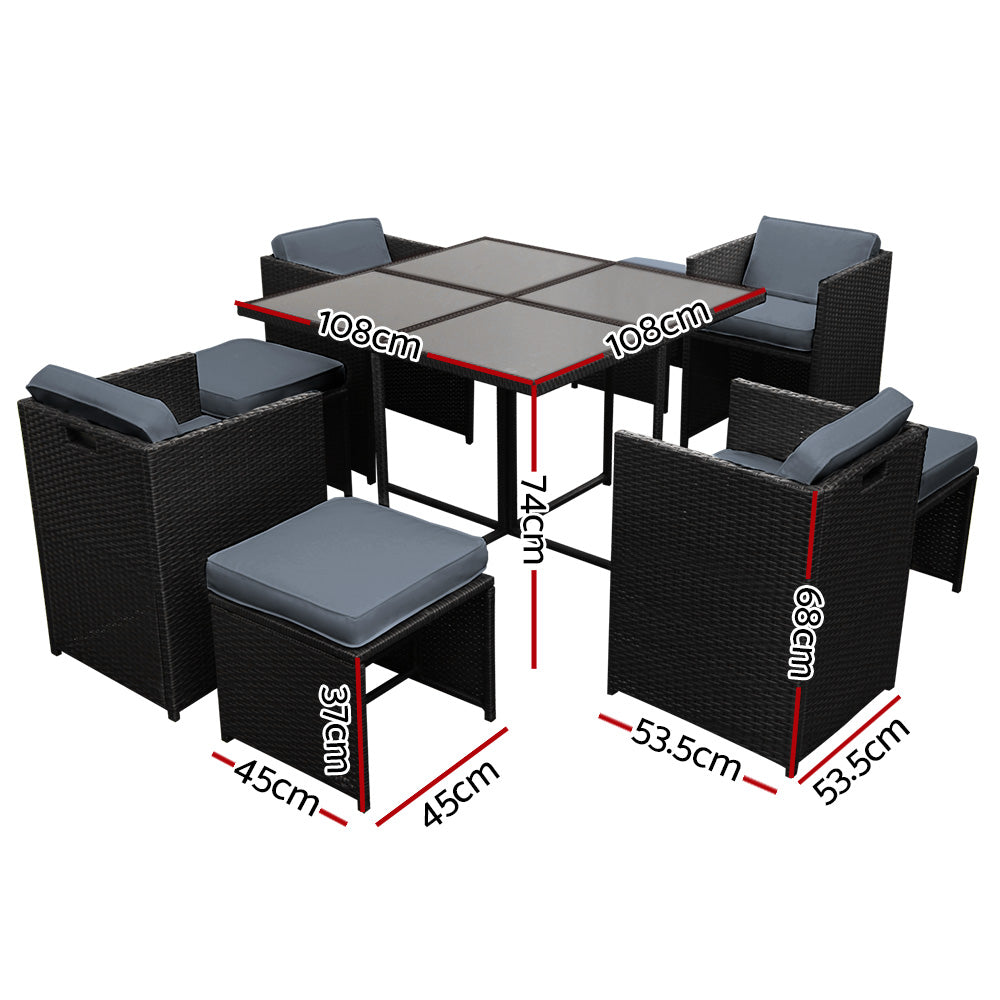Outdoor Dining Set 9 Piece PE Wicker Table Chairs And Ottomans Black