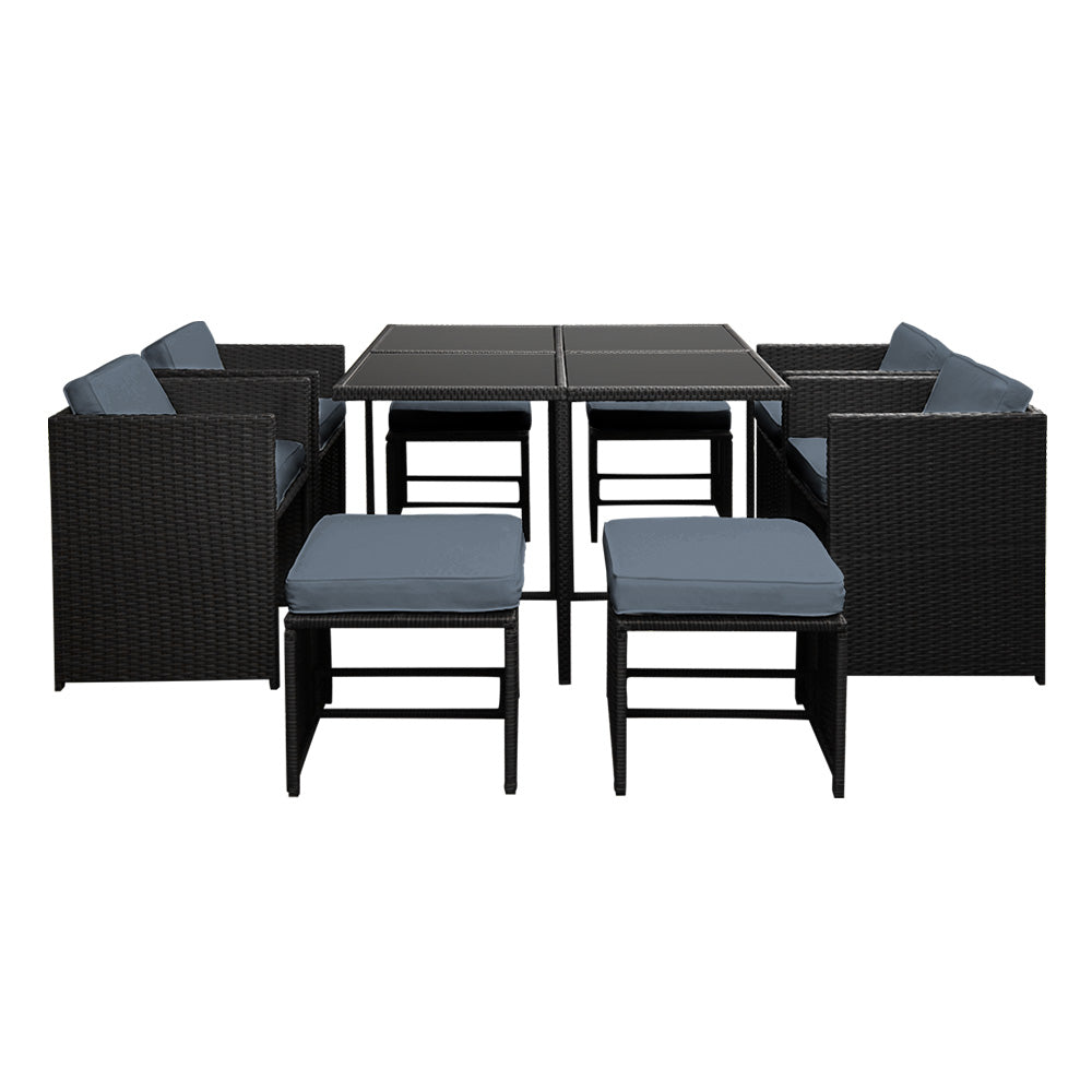 Outdoor Dining Set 9 Piece PE Wicker Table Chairs And Ottomans Black